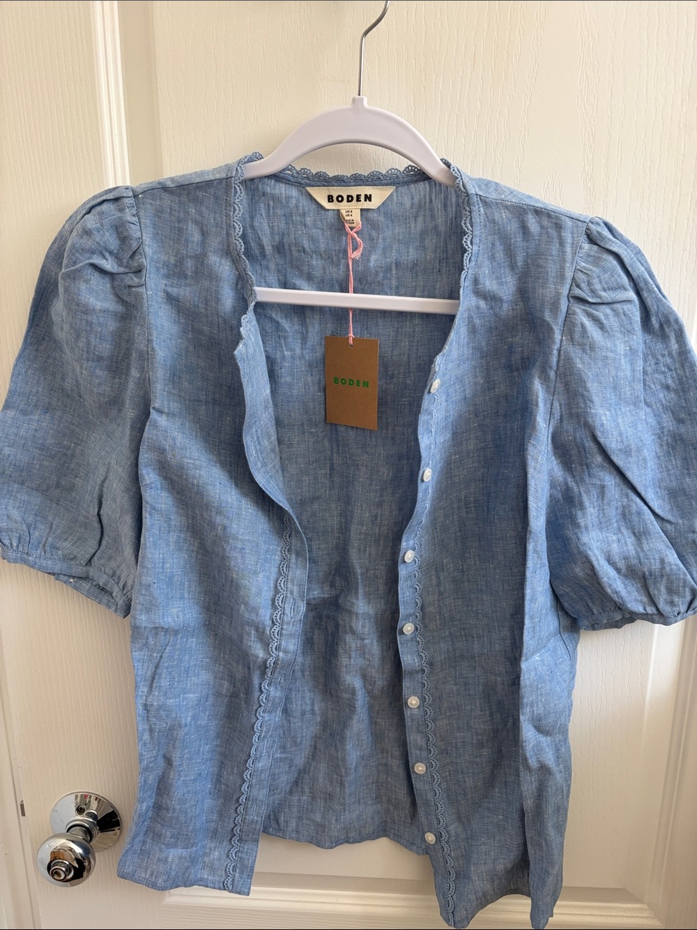 Boden Light Blue Linen Button-Down Puff Sleeve Blouse